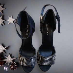 Call It Spring Rhinestone Crystal Black Faux Suede Ankle Strap Stiletto Heels